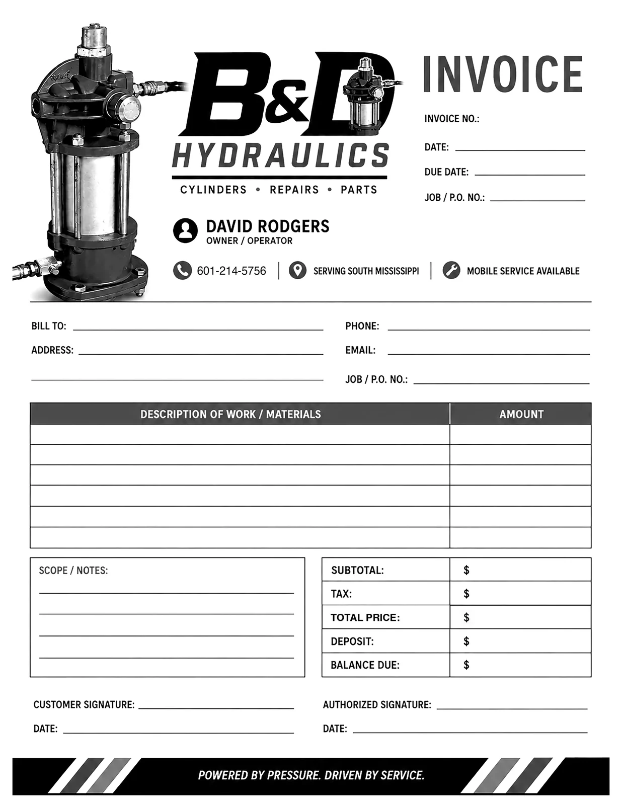B&D Hydraulics custom invoice and work-order form proof