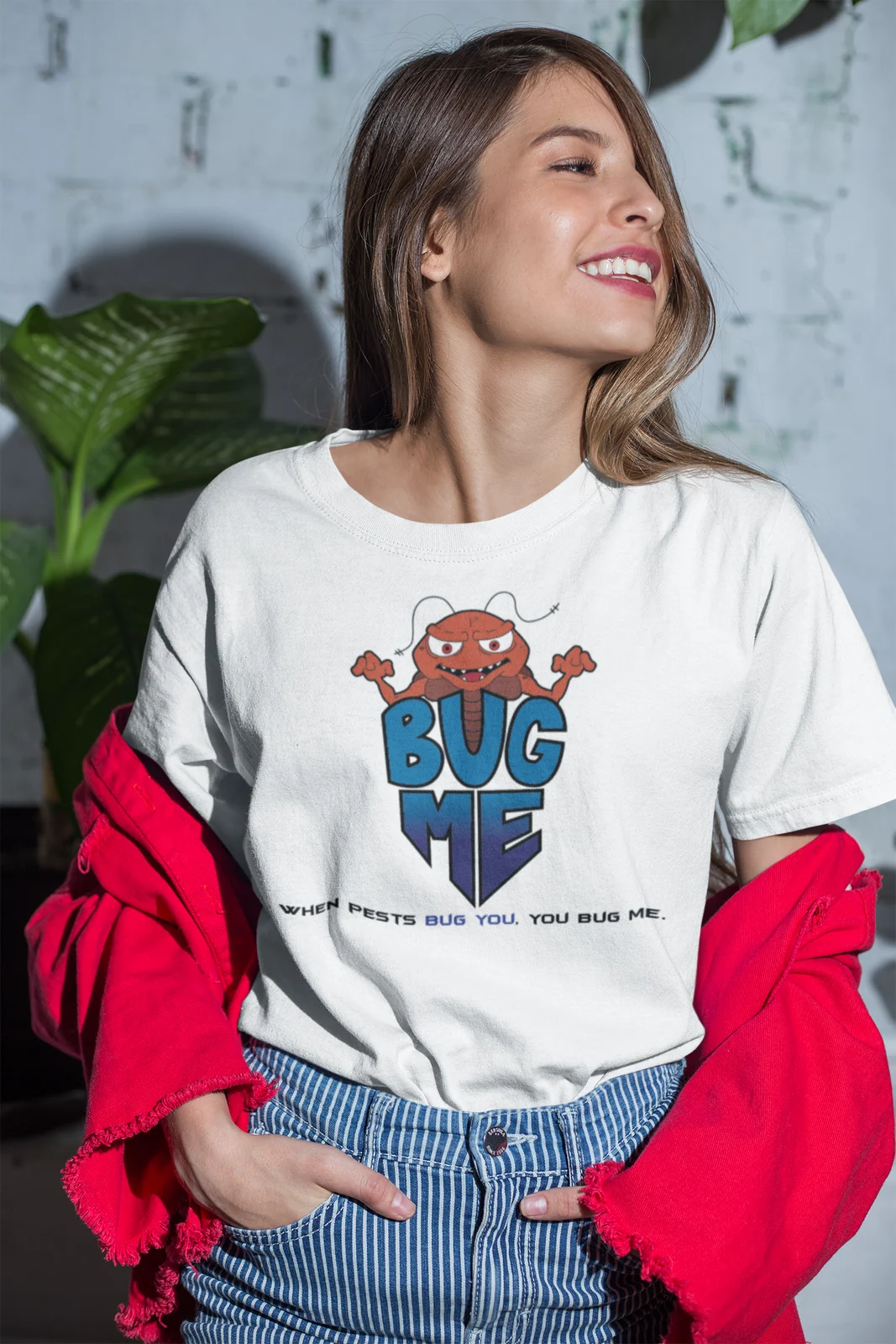 Bug Me illustrated shirt design shown on a model