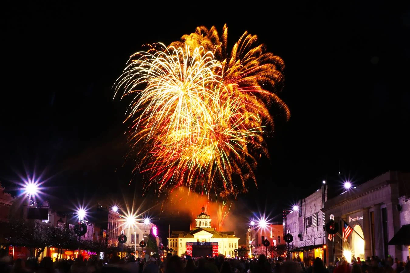Fireworks above a downtown Columbia Christmas event