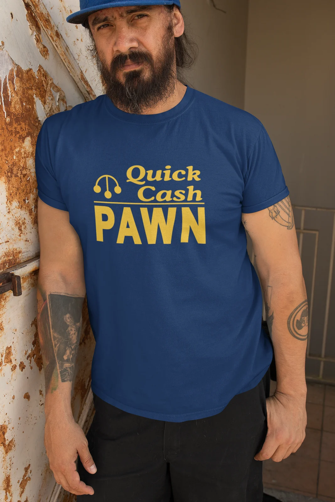 Navy Quick Cash Pawn shirt design shown on a model