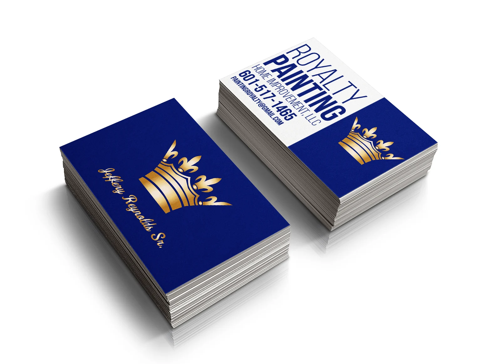 Royalty Painting business card design with navy and gold branding