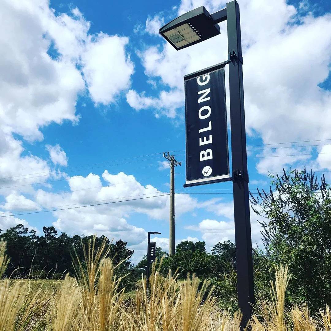 Installed blue Woodlawn banners on a parking lot light pole